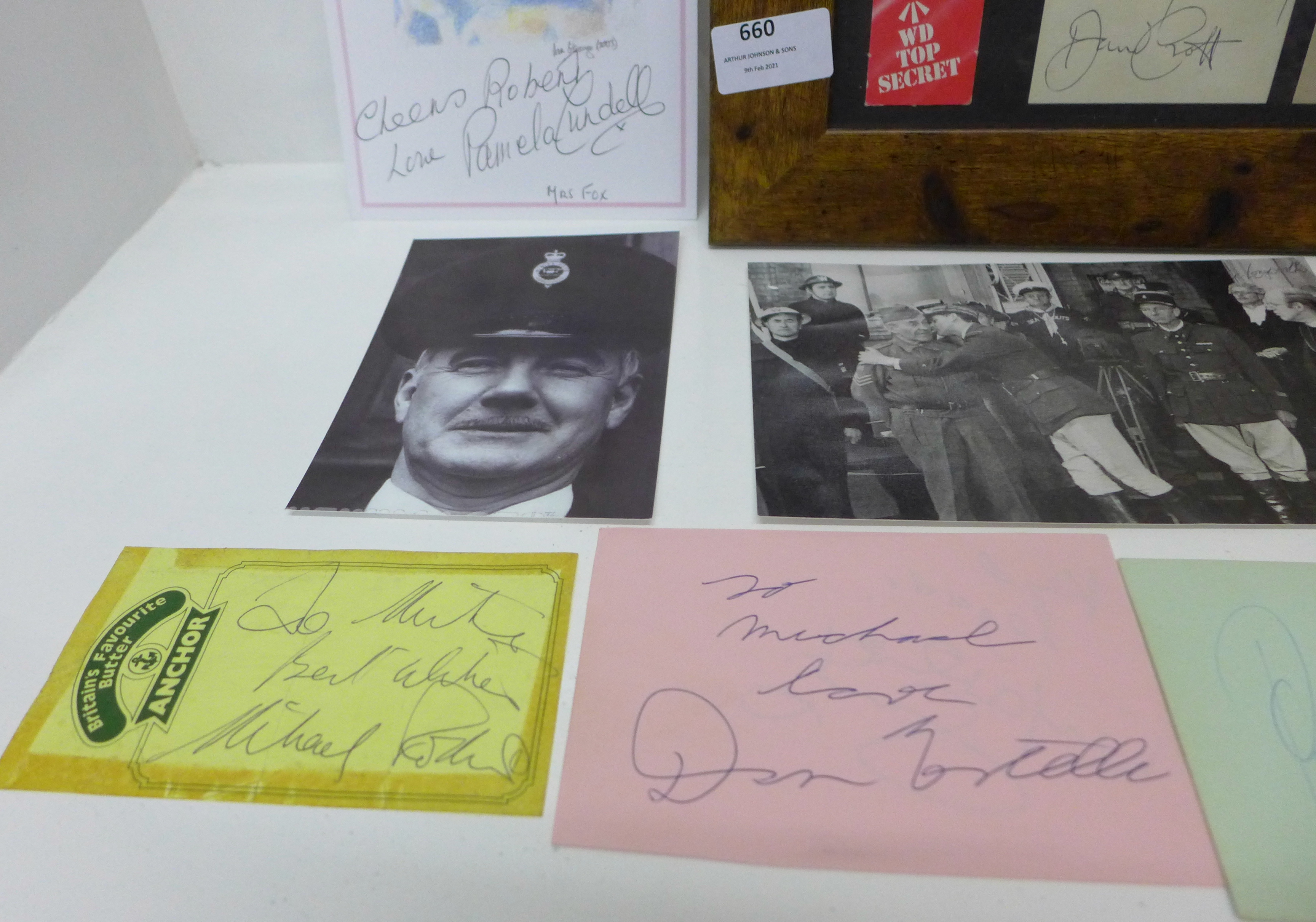 A framed Dad's Army montage of signed photographs with autographs and cast photographs plus a - Image 3 of 6