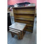 A teak and tiled topped nest of tables and an oak open bookcase