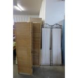 A cane three panel folding screen and another screen