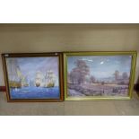 An oil on board of galleons and a ploughing scene print