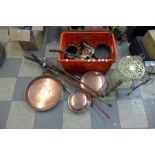 Assorted brass and copperware, etc.