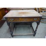 A William III oak single drawer side table, 74cms h, 80cms w, 53cms d
