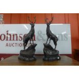 A pair of large French style bronze stags, on black marble plinths, 74cms h