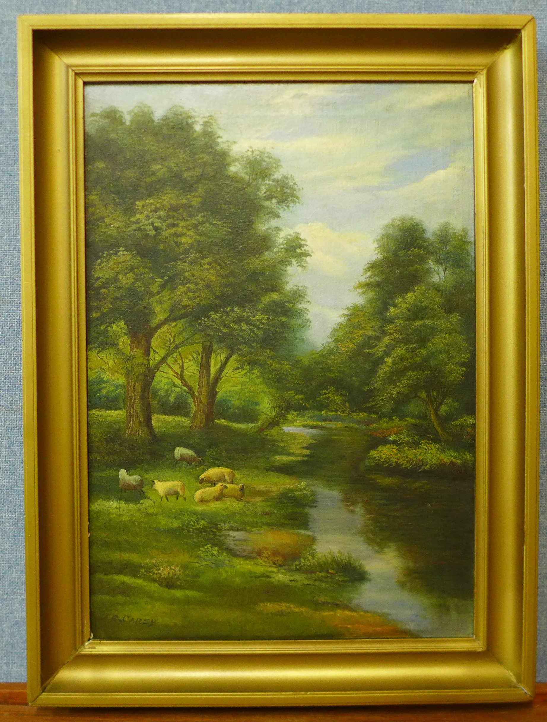 R. Carey, landscape with sheep grazing by a stream, oil on canvas, 50 x 34cms, framed - Image 2 of 3