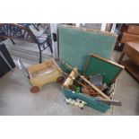 Two folding card tables, fishing rod, etc.
