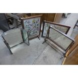 An oak toilet mirror, two fire screens and a dressing table mirror