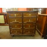 A 17th Century style geometric oak chest of drawers, 89cms h, 94cms w, 48cms d