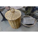 A wicker laundry basket and two other baskets