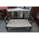 An Edward VII inlaid mahogany salon settee, 92cms h, 101cms w, 51cms d