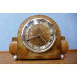A walnut and chrome mantel clock, 22cms h