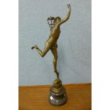A French style bronze figure of Mercury, on black marble socle, 57cms h