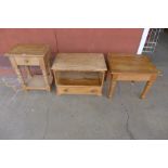 A pine TV unit, occasional table and a side table