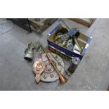 Assorted brassware, an Eccles miner's lamp, etc.