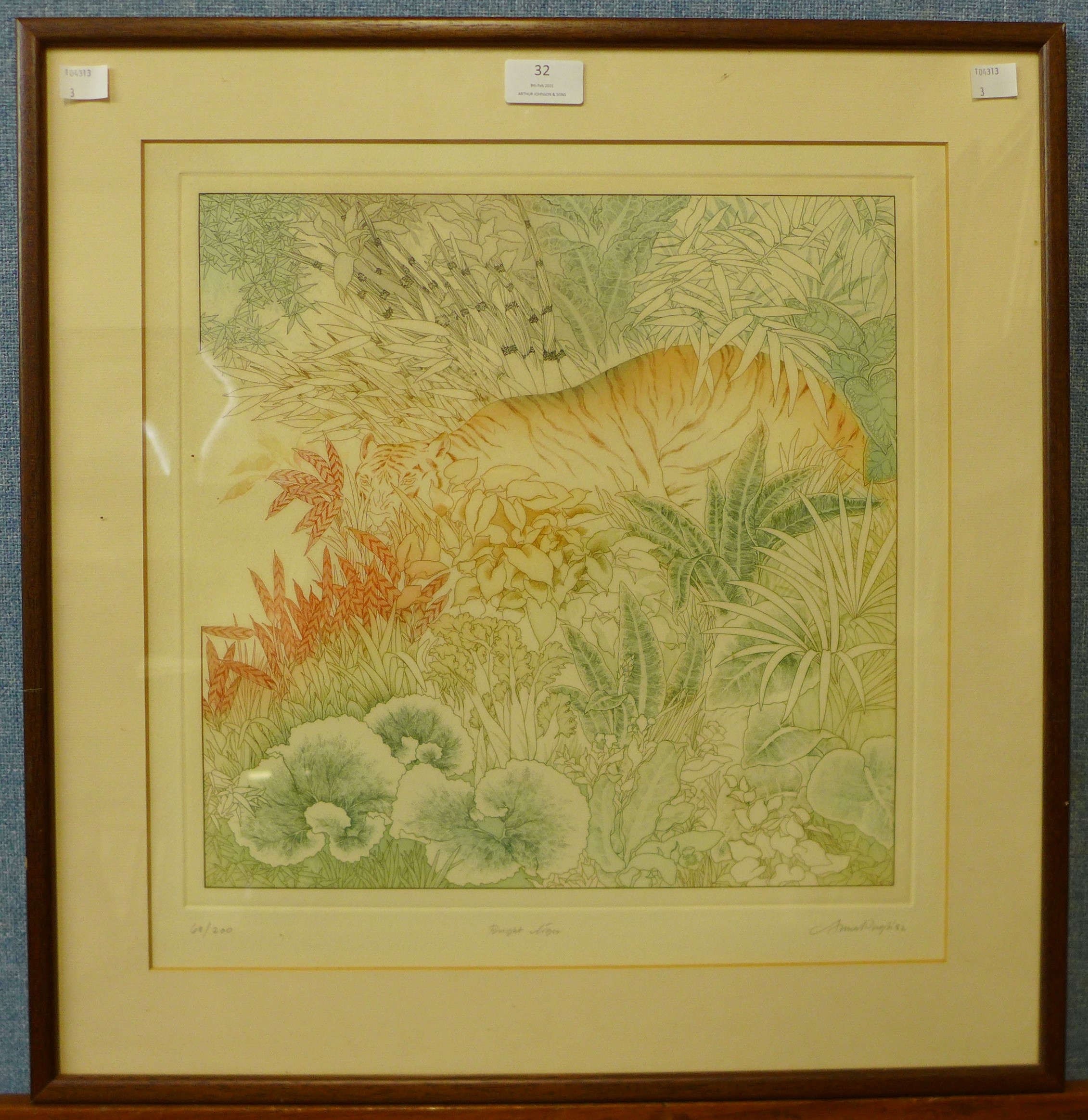 A signed Anna Pugh limited edition print, Bright Tiger, no. 68/200, 40 x 39cms, framed - Bild 2 aus 3