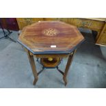 A late Victorian inlaid rosewood octagonal occasional table, 71cms h, 61cms w, 61cms d