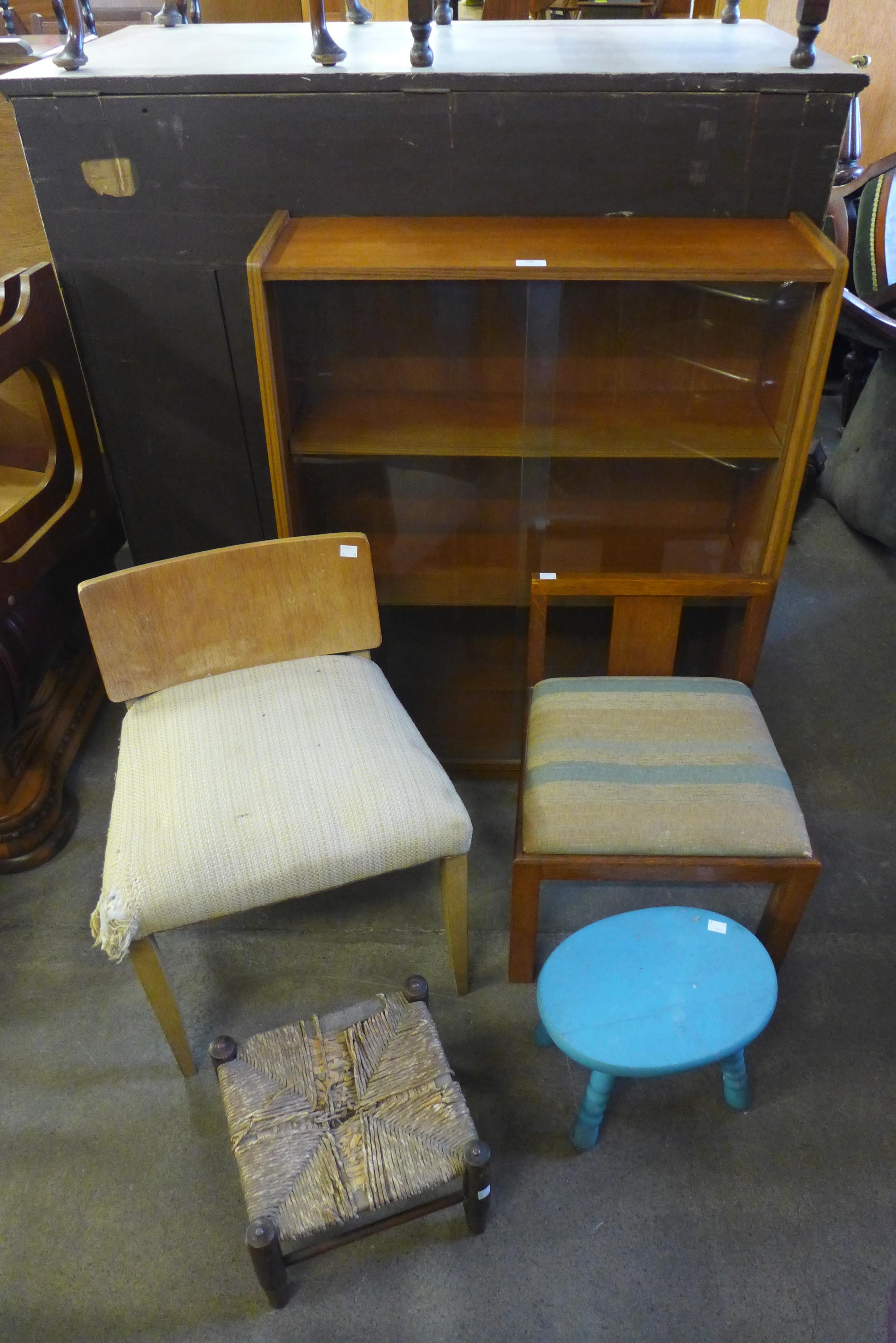 A 1950's trolley, fire screen, two chairs and two stools