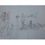 Surrealist School, two drawings on paper of nudes, 50 x 65cms, unframed