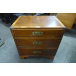 A small campaign style inlaid yew wood chest of drawers, 60cms h, 56cms w, 40cms d