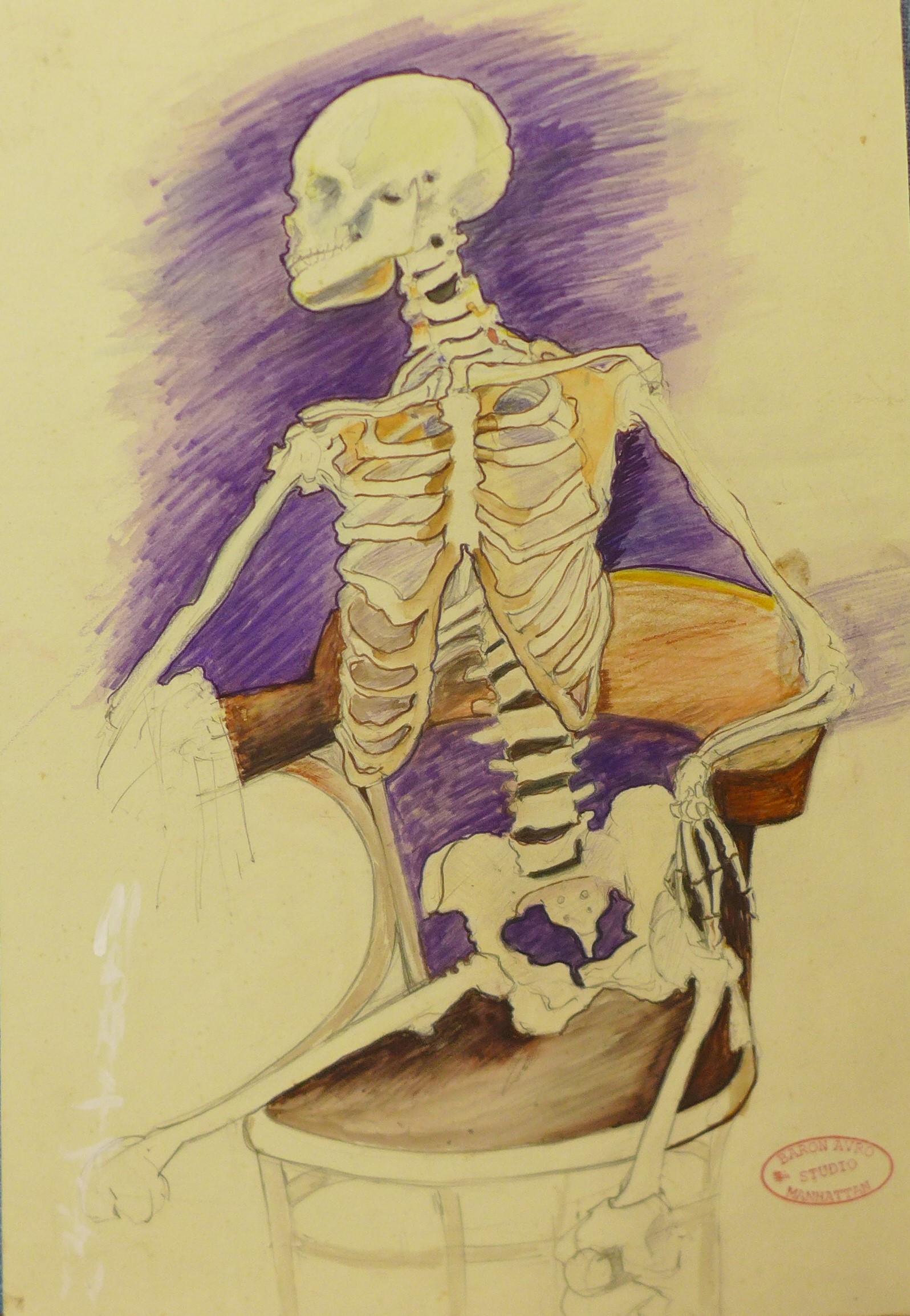 Baron Avro Manhattan (1914-1991), study of a skeleton, watercolour, 50 x 35cms, unframed