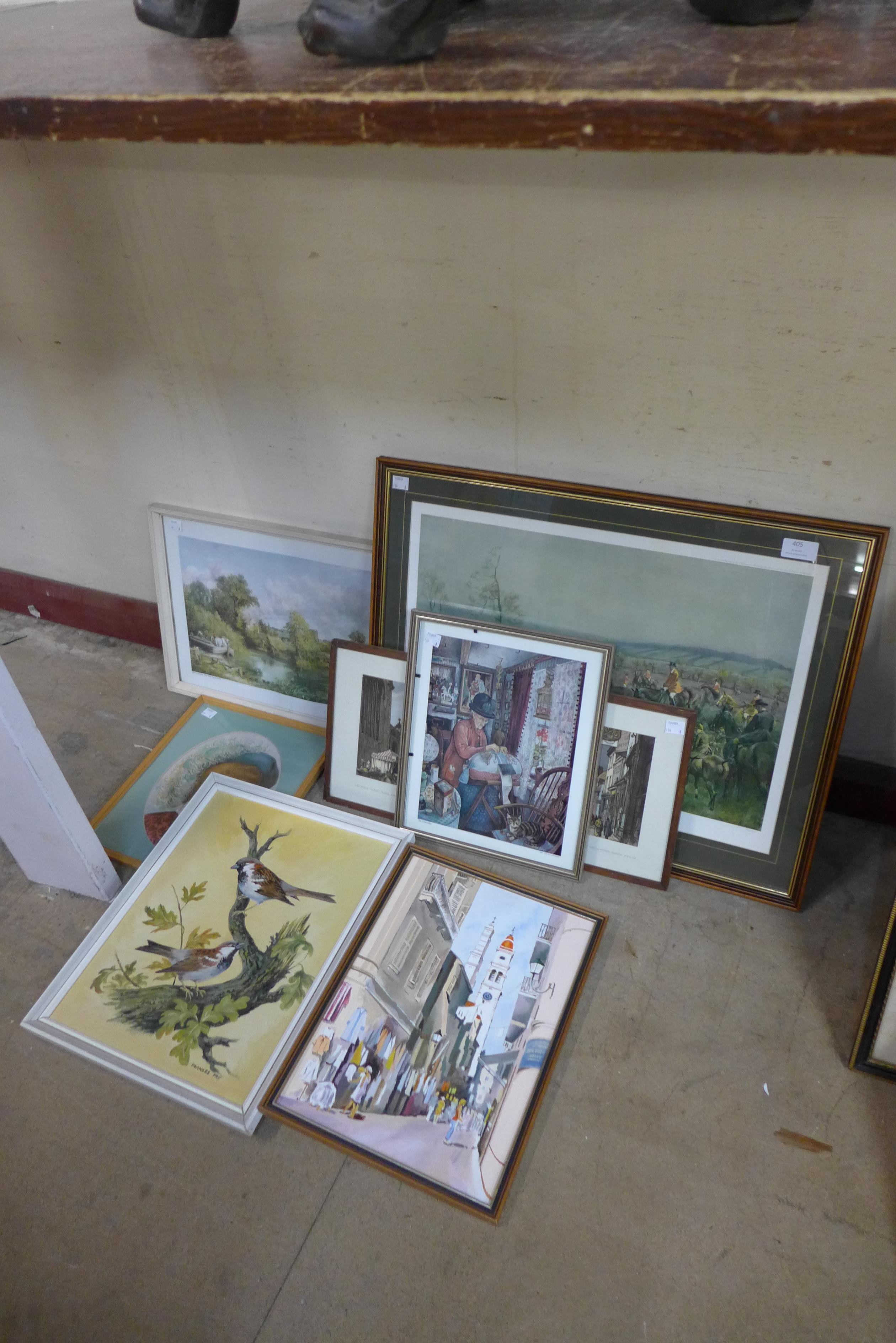 Two oils on board, a continental town and ornithological scene and six assorted prints