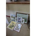 Two oils on board, a continental town and ornithological scene and six assorted prints