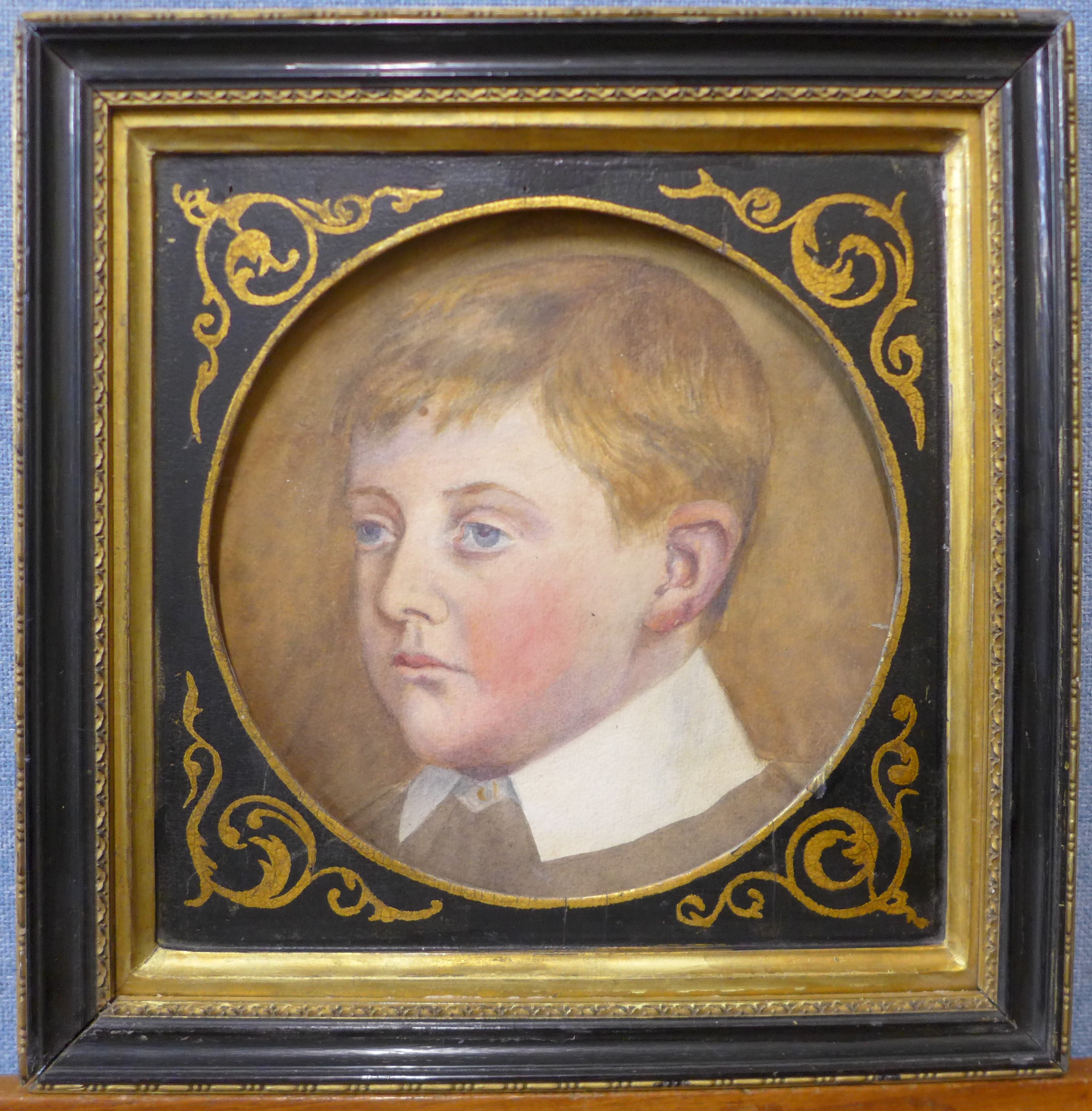 English School, (19th Century), portrait of a boy, watercolour, 22cms d, framed