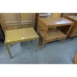 A teak effect metamorphic trolley and a teak occasional table