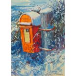 C.C. Turner, snowy winter scene with post box, gouache, 36 x 25cms, framed