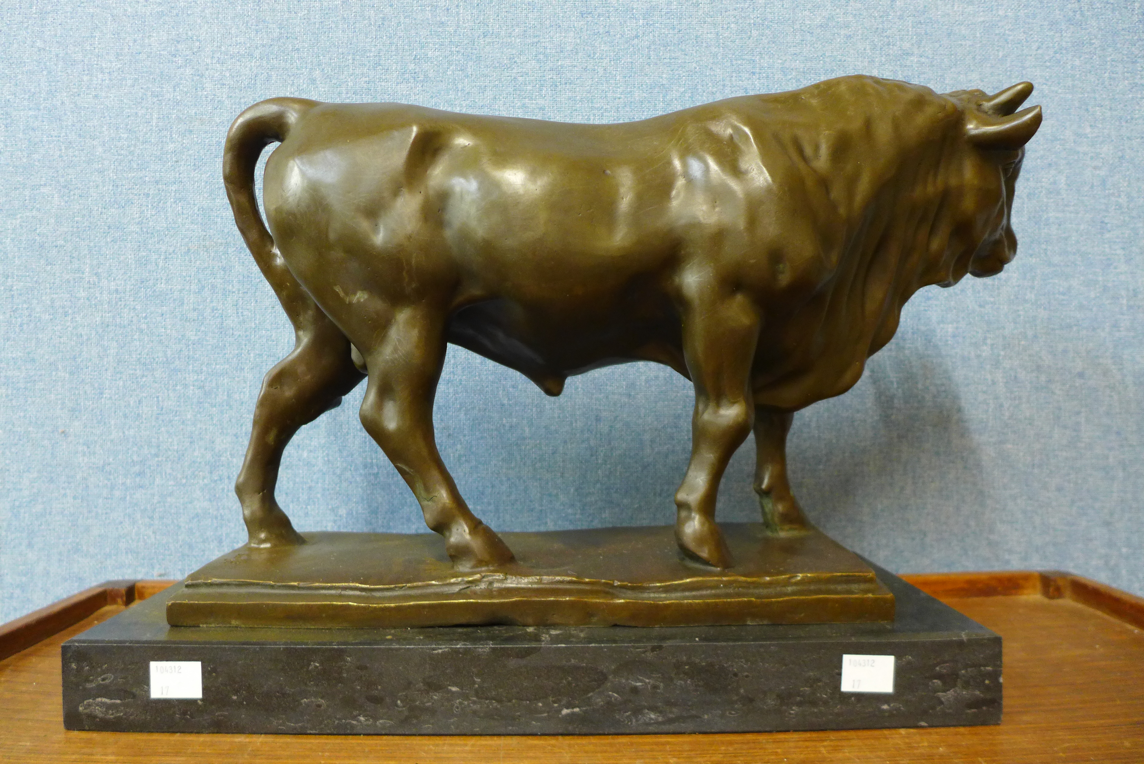 A large French style bronze figure of a bull, manner of Antoine Louis Barye, on black marble plinth, - Image 2 of 2