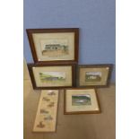 J.B. Thornley, four landscapes, watercolour and a print
