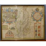 A 17th Century John Speede hand coloured engraved map, The Countie of Nottingham, 40 x 51cms, framed