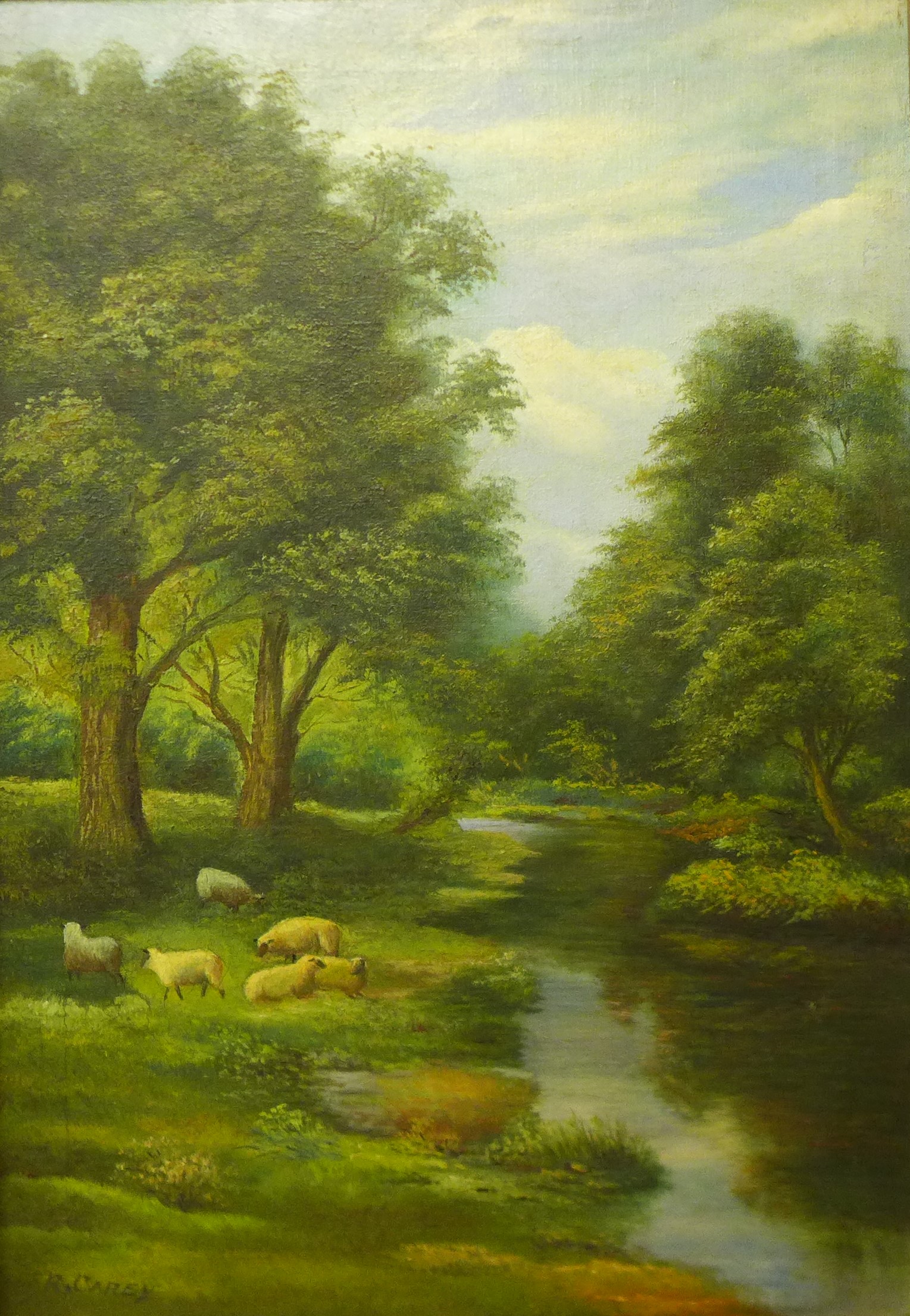 R. Carey, landscape with sheep grazing by a stream, oil on canvas, 50 x 34cms, framed