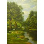 R. Carey, landscape with sheep grazing by a stream, oil on canvas, 50 x 34cms, framed