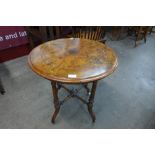 A Victorian inlaid burr walnut circular occasional table, 63cms h x 59cms d