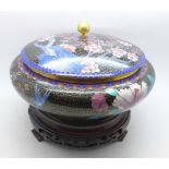 A cloisonne lidded pot decorated with cherry or prunus blossom and birds on a wooden stand, 23cm