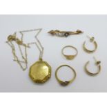 A small 9ct gold ring, a 9ct gold cluster ring, a/f, a 9ct gold brooch with metal pin, a pair of 9ct