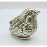 A novelty 925 silver chick vesta or box, height 4cm