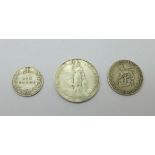 Three coins, 1904 shilling, a 1907 florin and a 1908 sixpence