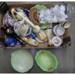 A box of mixed china; a pair of Belgian Bequet vases, a Franz vase, Beswick and Carlton Ware leaf