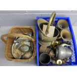 Two boxes of metalwares including a Walker & Hall pewter teapot, four collectors plates, a pair of