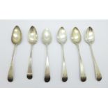 Six Georgian silver spoons, 77.2g, (4+1+1)