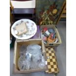 Assorted items; glassware, picture, small bookshelf, chess set, commemorative ware, two model