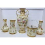 A large Crown Ducal blush ivory vase, 41cm, a pair of Devon Ware vases and one other plus a