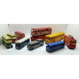 A Tri-ang Minic London bus, a Dinky Supertoys Wayne Bus and seven others