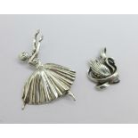 A hallmarked silver ballerina brooch and a sterling silver swan pendant signed Gloria Vanderbilt