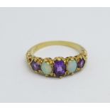 A 9ct gold, five stone amethyst and opal ring, 3.2g, Q