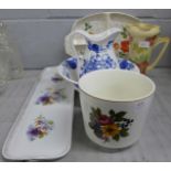 An Art Deco vase, a Wedgwood jardiniere, a Portmeirion Harvest Blue jug and bowl, etc. **PLEASE NOTE