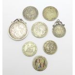 Four one shilling coins, two Victorian, one enamelled, a/f, and one mounted, 1816 and 1915, three