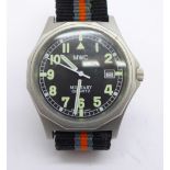 A MWC Military Quartz wristwatch with black, grey and orange military strap, military markings on
