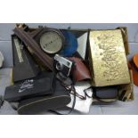 A pair of Mark Scheffel 10x50 binoculars, cased, four cameras, used 35mm film, a Smiths mantel